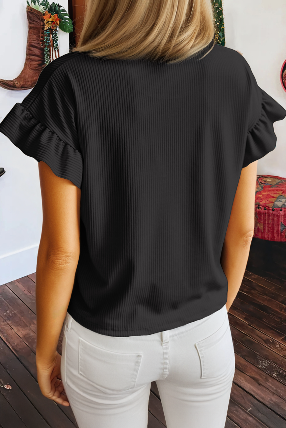 Solid Color Ribbed Ruffled Short Sleeve T Shirt: Black / 2XL