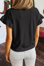 Solid Color Ribbed Ruffled Short Sleeve T Shirt: Black / 2XL