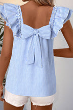Textured Bow Knot Frilled Butterfly Sleeve Blouse: Blue-Stripe / Missy / M