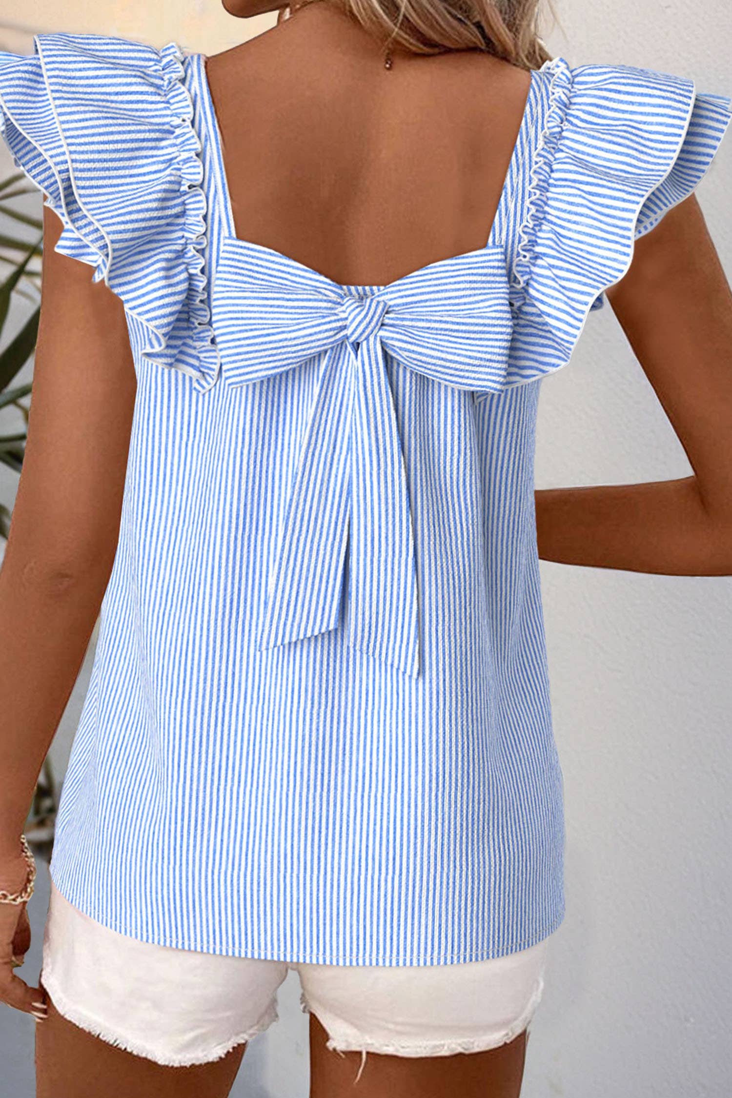 Textured Bow Knot Frilled Butterfly Sleeve Blouse: Blue-Stripe / Missy / M