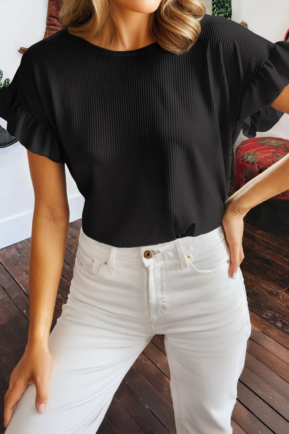 Solid Color Ribbed Ruffled Short Sleeve T Shirt: Black / 2XL