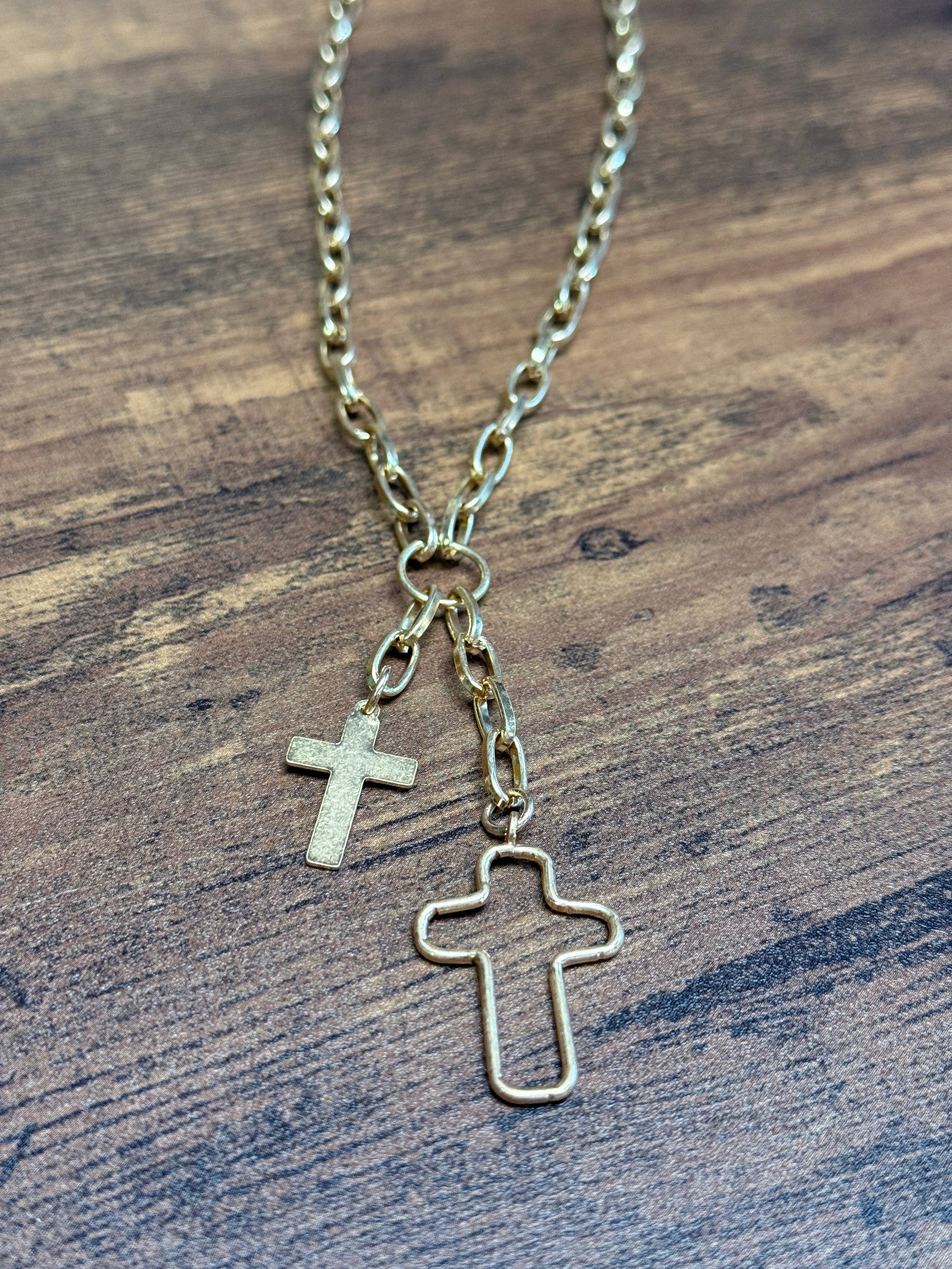 Gold Multi Cross Pendants Chain Link Necklace