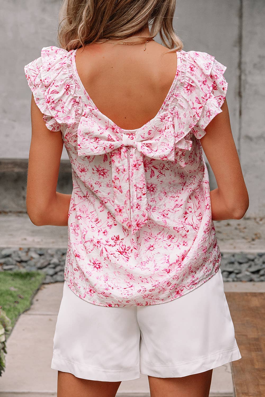 Textured Bow Knot Frilled Butterfly Sleeve Blouse: Blue-Stripe / Missy / M