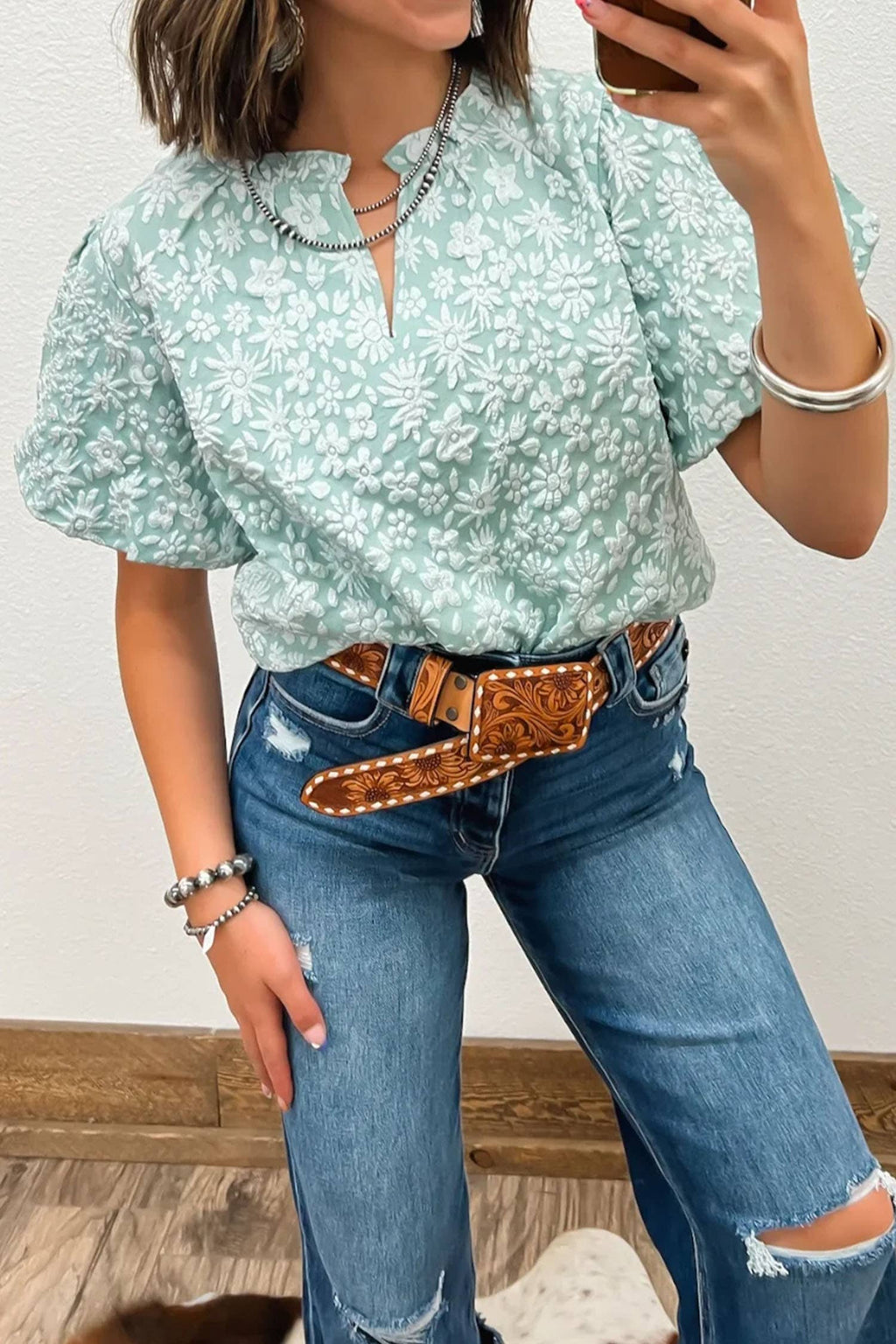 Spring 2026 Western Floral Textured V Neck Blouse: Iceland Blue