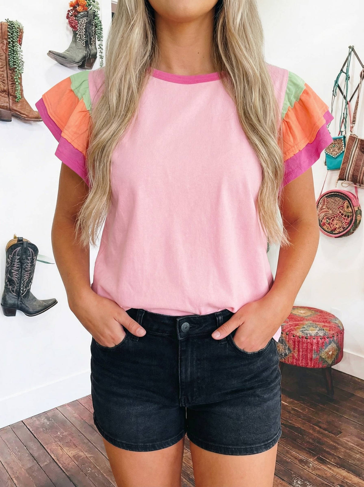 Colorblock Flutter Sleeve Round Pink Top