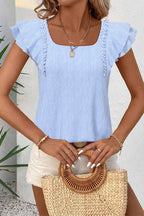 Textured Bow Knot Frilled Butterfly Sleeve Blouse: Blue-Stripe / Missy / M