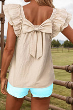 Textured Bow Knot Frilled Butterfly Sleeve Blouse: Blue-Stripe / Missy / M