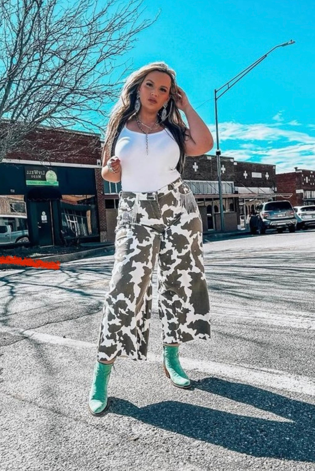 Cow Print Barrel Leg Jean