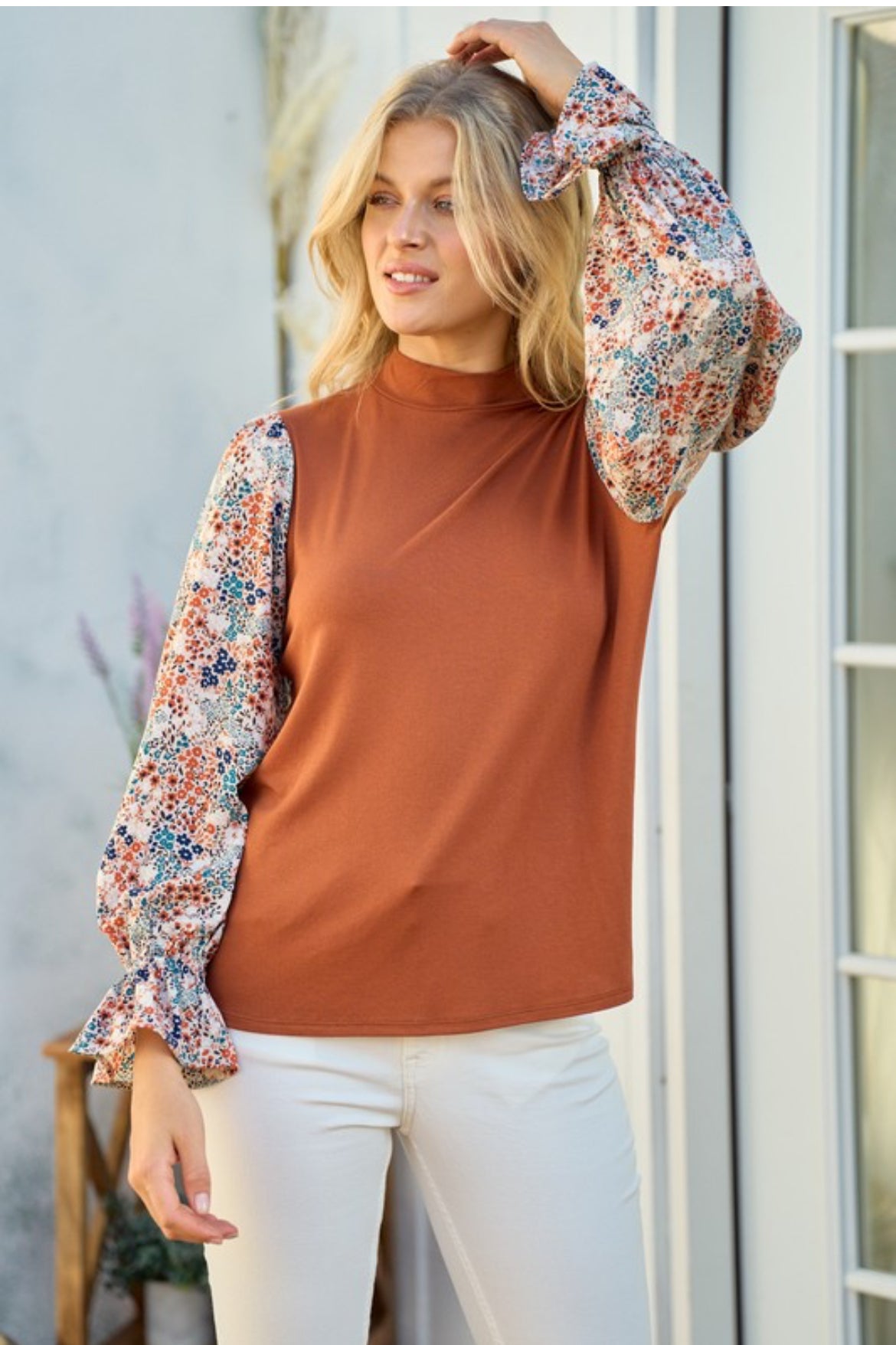 Woven & Knit Mixed Mock NeckTop