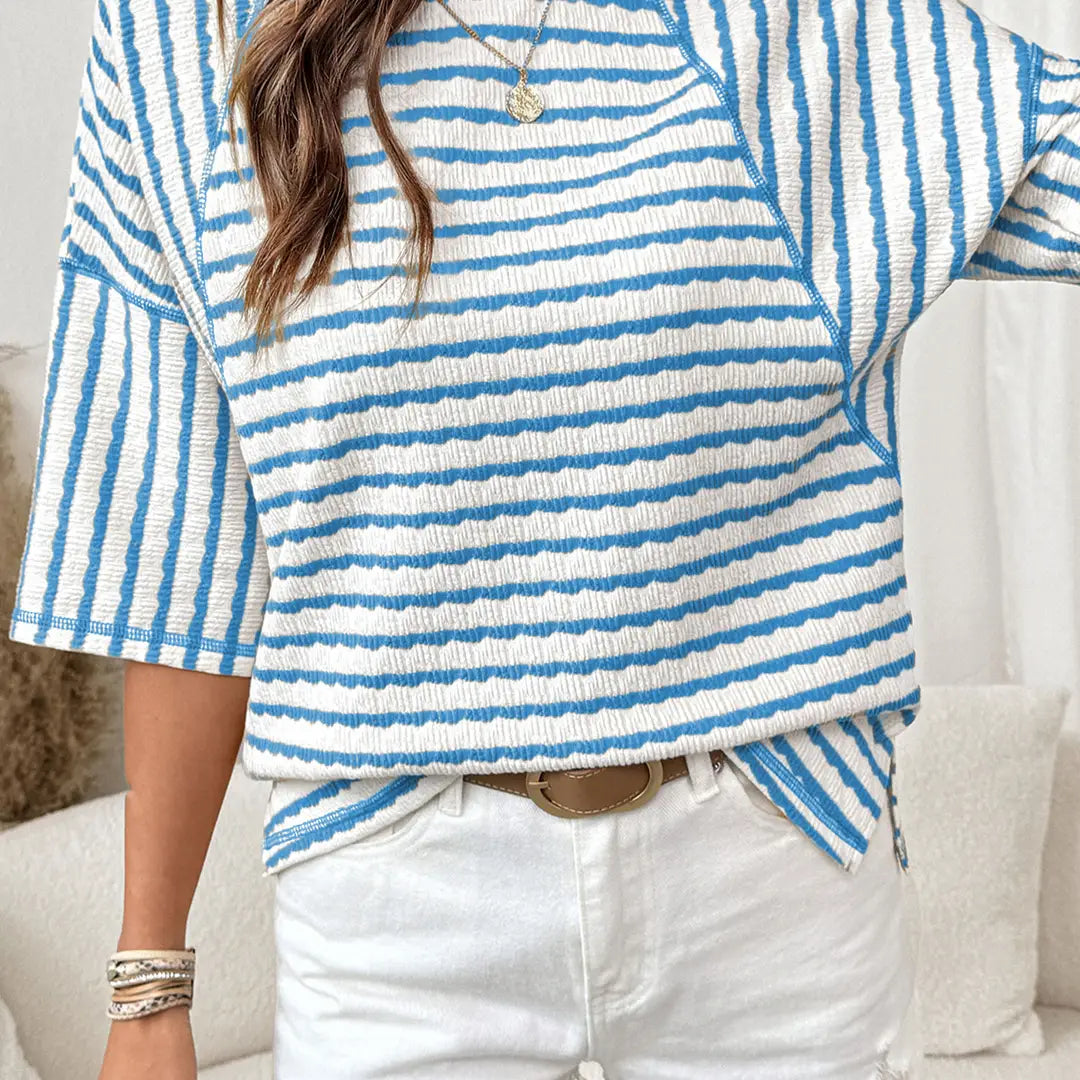 Stripes Textured Split Hem Half Sleeve
