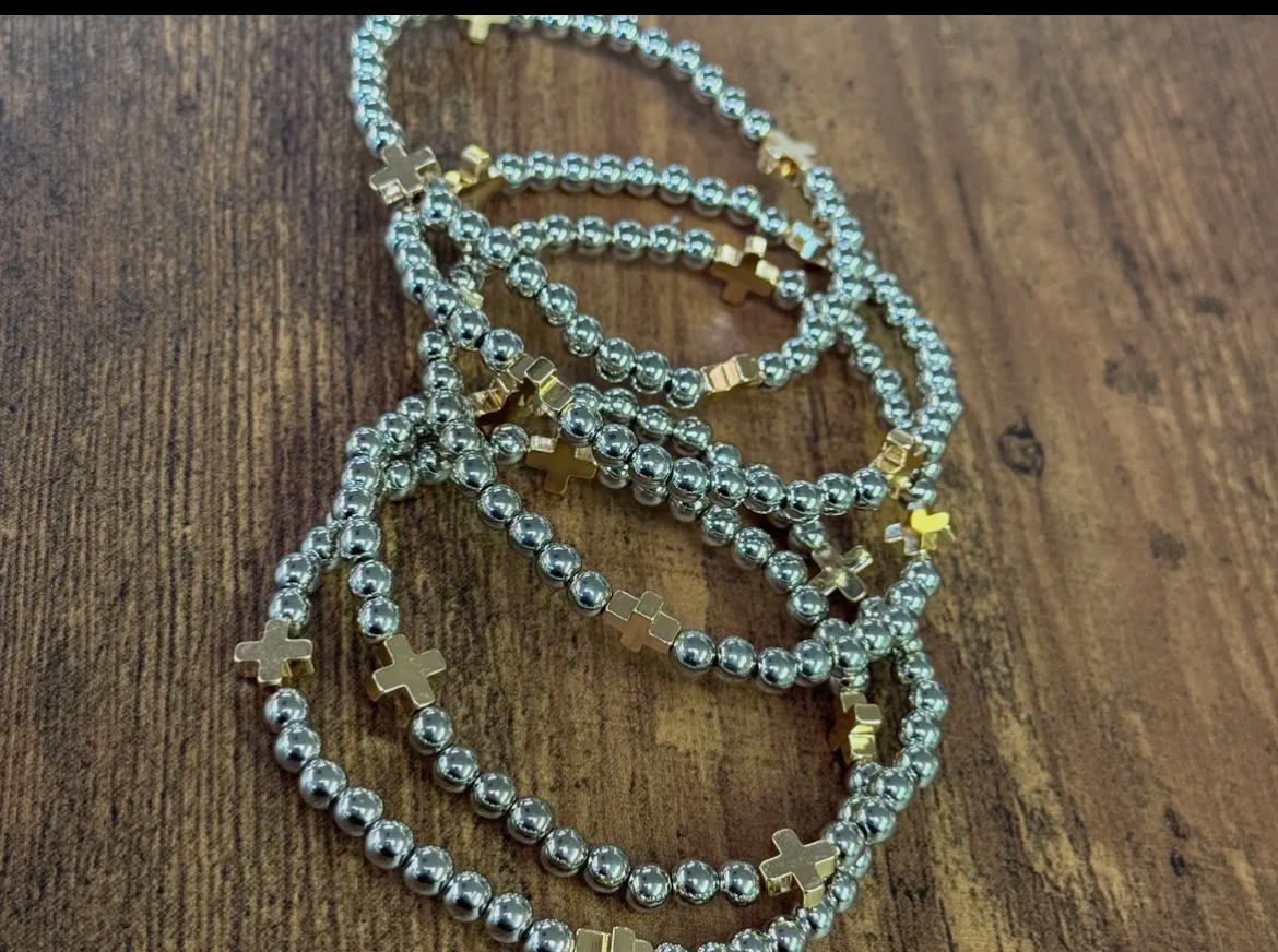 Stack of 3 Silver Bracelets w/Cross