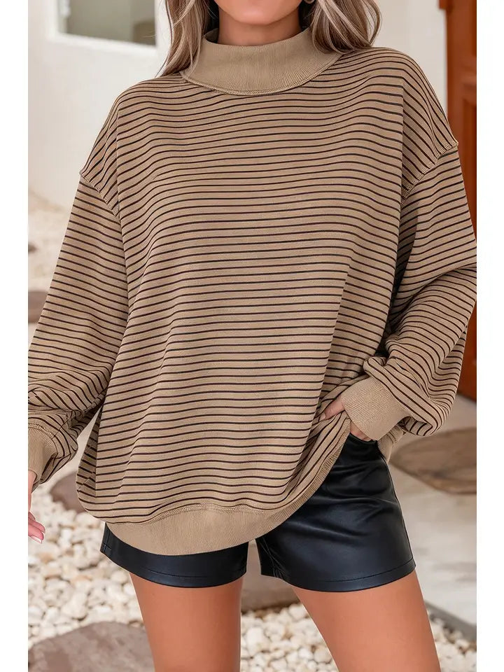 Khaki Stripes Oversized Mock Neck