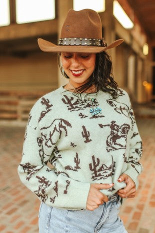 Olive Western Desert Printed Knitted Sweater