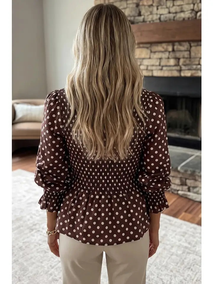 Polka Dot Ruffled Mock Neck Blouse