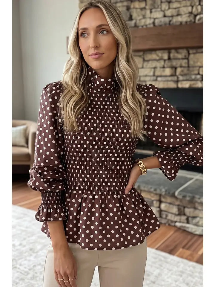 Polka Dot Ruffled Mock Neck Blouse