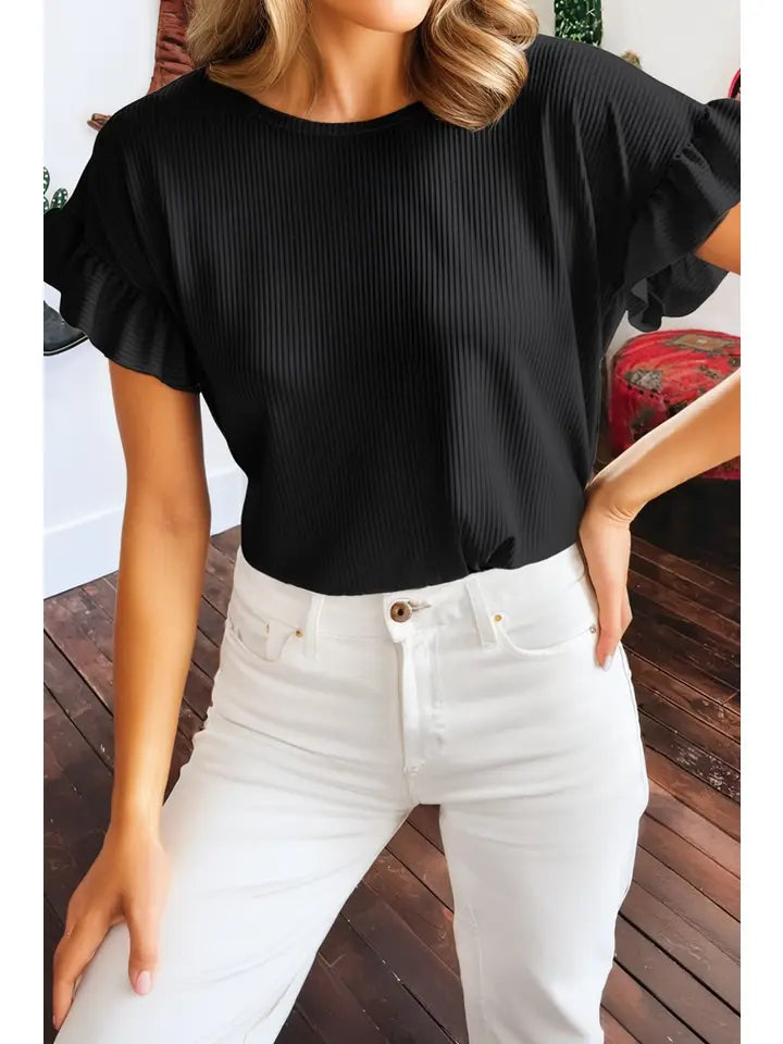 Solid Color Ribbed Ruffled Short Sleeve T Shirt