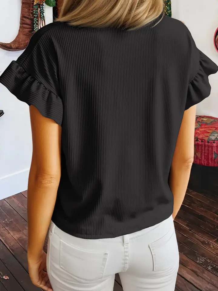 Solid Color Ribbed Ruffled Short Sleeve T Shirt