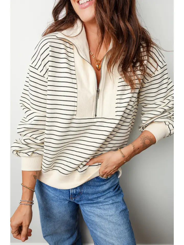 Striped Patchwork half Zip Collar Pullover