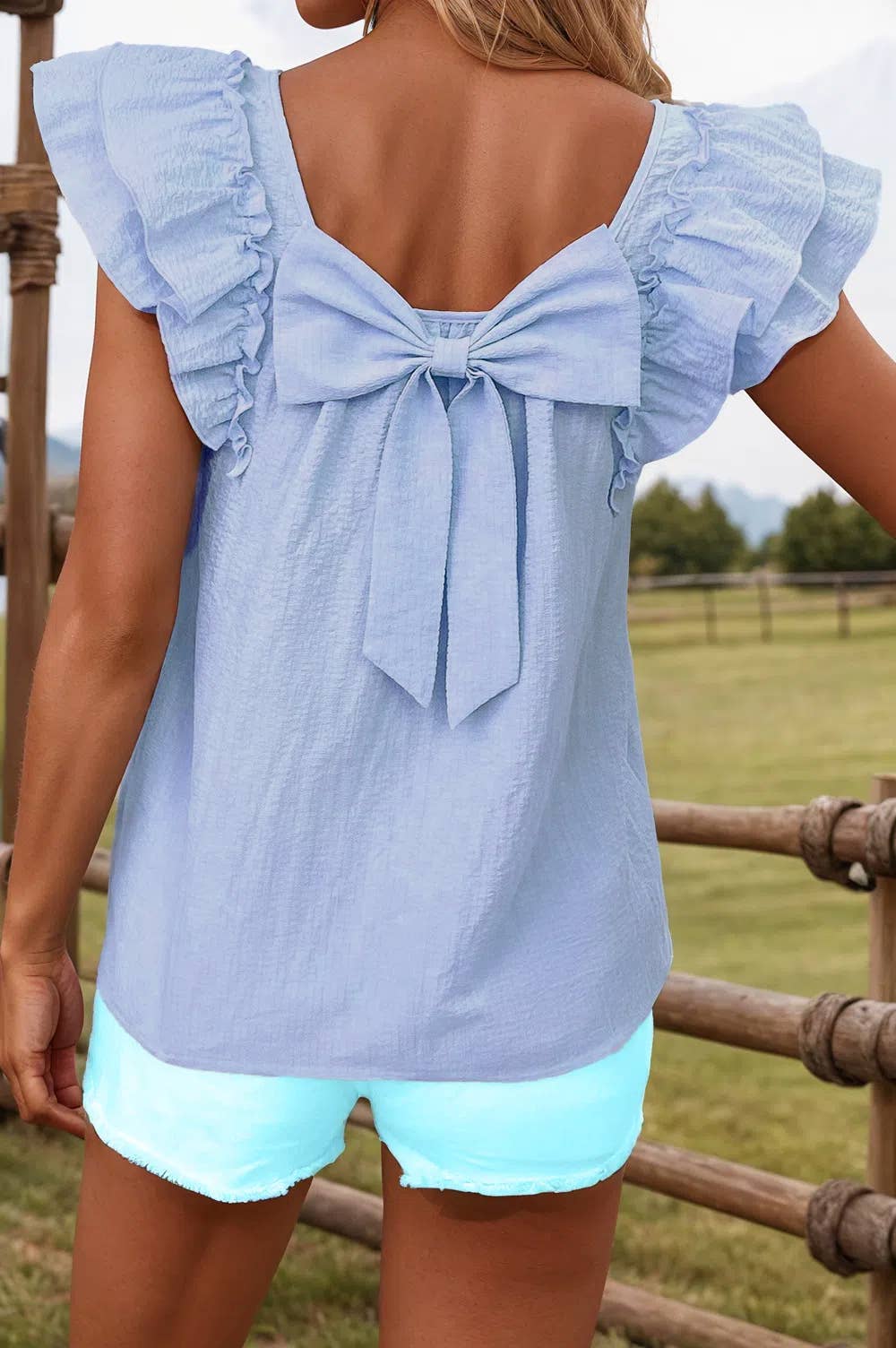 Textured Bow Knot Frilled Butterfly Sleeve Blouse: Blue-Stripe / Missy / M