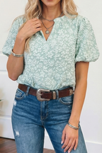 Spring 2026 Western Floral Textured V Neck Blouse: Iceland Blue